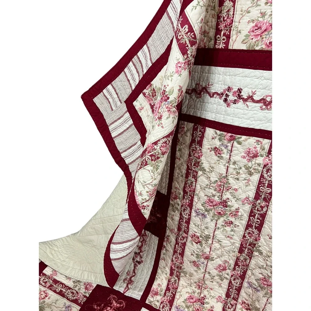 Vintage King Quilt Red Floral Stripe Shabby Chic French Country Bedding 100x90